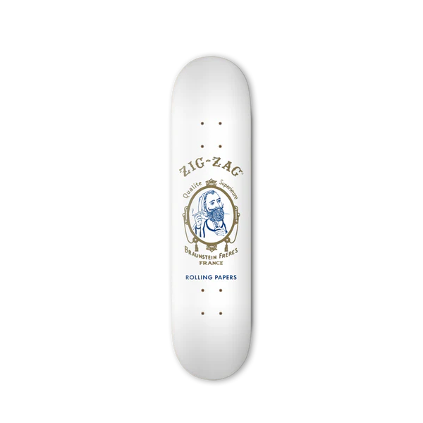 Front view of the Zig-Zag 8-inch skateboard deck showcasing the traditional white and gold vintage logo graphic. Designed to easily withstand heavy impact, this high-quality board provides a stable, responsive platform for riders of all skill levels.