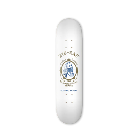 Front view of the Zig-Zag 8-inch skateboard deck showcasing the traditional white and gold vintage logo graphic. Designed to easily withstand heavy impact, this high-quality board provides a stable, responsive platform for riders of all skill levels.