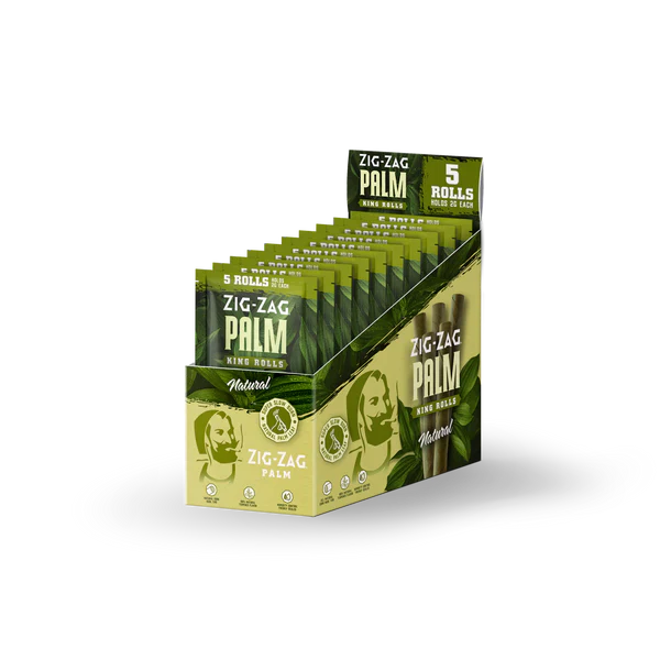Front view of the Zig Zag Palm King Rolls Natural 10-pack display box in bright green and yellow. This convenient wholesale retail display contains pre-rolled natural palm leaves designed for a slow, smooth, and entirely tobacco-free smoking experience.