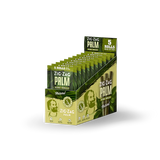 Front view of the Zig Zag Palm King Rolls Natural 10-pack display box in bright green and yellow. This convenient wholesale retail display contains pre-rolled natural palm leaves designed for a slow, smooth, and entirely tobacco-free smoking experience.
