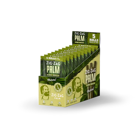 Front view of the Zig Zag Palm King Rolls Natural 10-pack display box in bright green and yellow. This convenient wholesale retail display contains pre-rolled natural palm leaves designed for a slow, smooth, and entirely tobacco-free smoking experience.