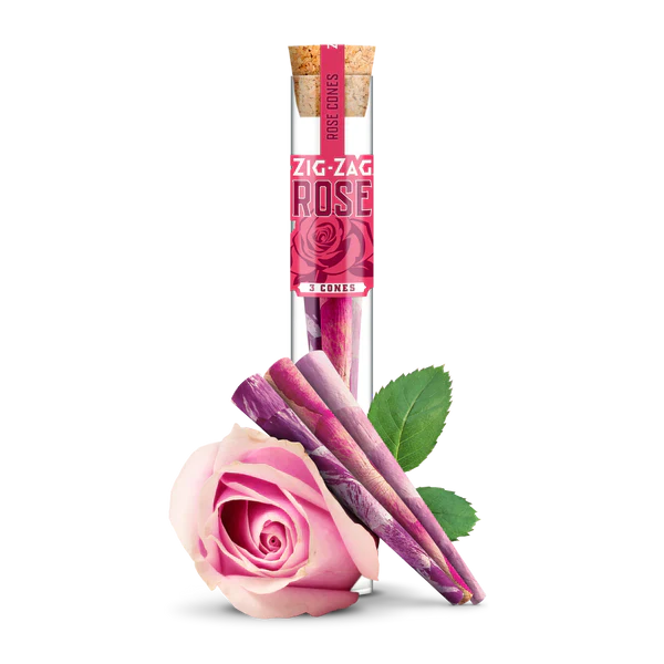 Front view of a single clear plastic tube with pink branding containing three Zig-Zag Rose Cones. These premium pre-rolled cones offer a highly aromatic and visually stunning alternative to standard paper cones.
