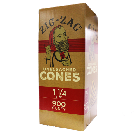 Front view of the closed Zig-Zag unbleached pre-rolled cones display box in natural brown. This wholesale bulk display provides retailers with premium, earth-friendly unbleached cones designed for a smooth, slow burn.