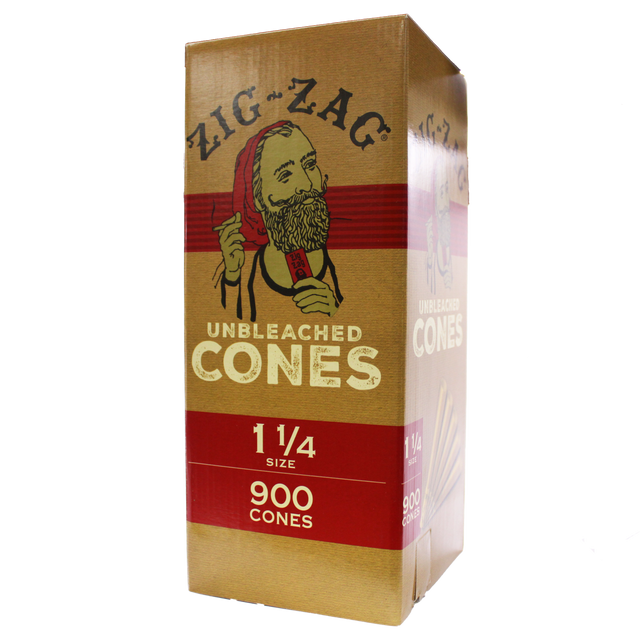 Front view of the closed Zig-Zag unbleached pre-rolled cones display box in natural brown. This wholesale bulk display provides retailers with premium, earth-friendly unbleached cones designed for a smooth, slow burn.