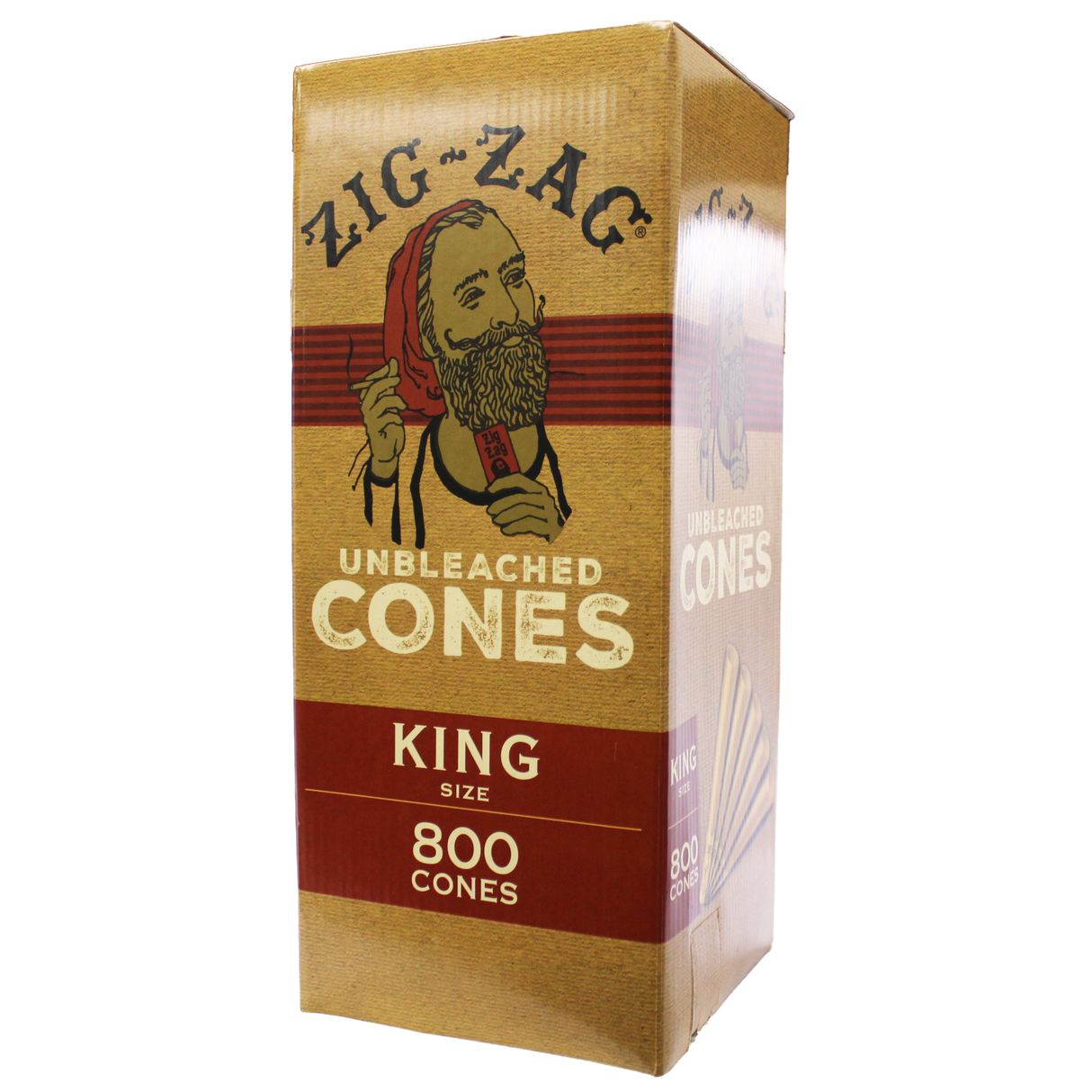 Front view of the closed Zig-Zag unbleached pre-rolled cones display box in natural brown. This wholesale bulk display provides retailers with premium, earth-friendly unbleached cones designed for a smooth, slow burn.