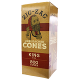 Front view of the closed Zig-Zag unbleached pre-rolled cones display box in natural brown. This wholesale bulk display provides retailers with premium, earth-friendly unbleached cones designed for a smooth, slow burn.