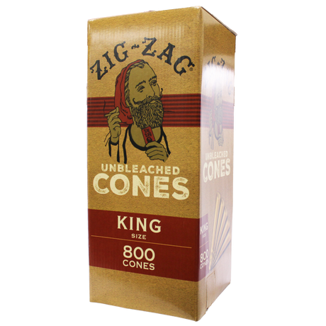 Front view of the closed Zig-Zag unbleached pre-rolled cones display box in natural brown. This wholesale bulk display provides retailers with premium, earth-friendly unbleached cones designed for a smooth, slow burn.